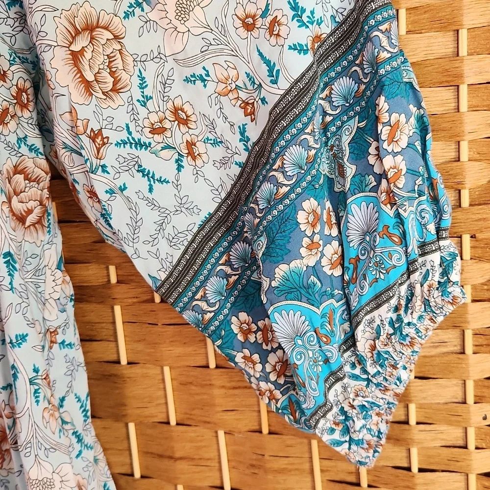 Temofon, Bohemian Teal, Blue, Brown, Floral Fall, Spring Longsleeve Dress Sz XL - Picture 6 of 10
